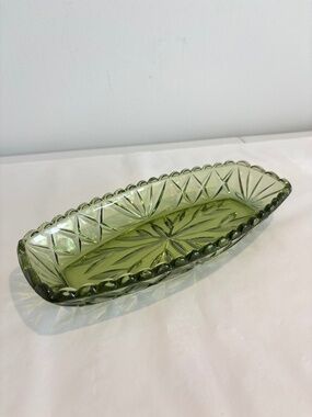Vintage glass dish avocado green mid century pressed glass serving trinket dish